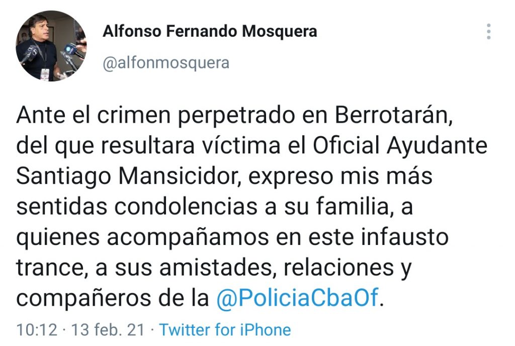 Conmoción por el asesinato de un joven policía en Berrotarán