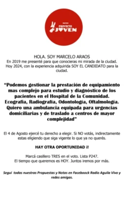 Marcelo Araos. Casillero TRES. Lista P247. Proyecto Joven. Elecciones Extraordinarias en General Deheza intendente