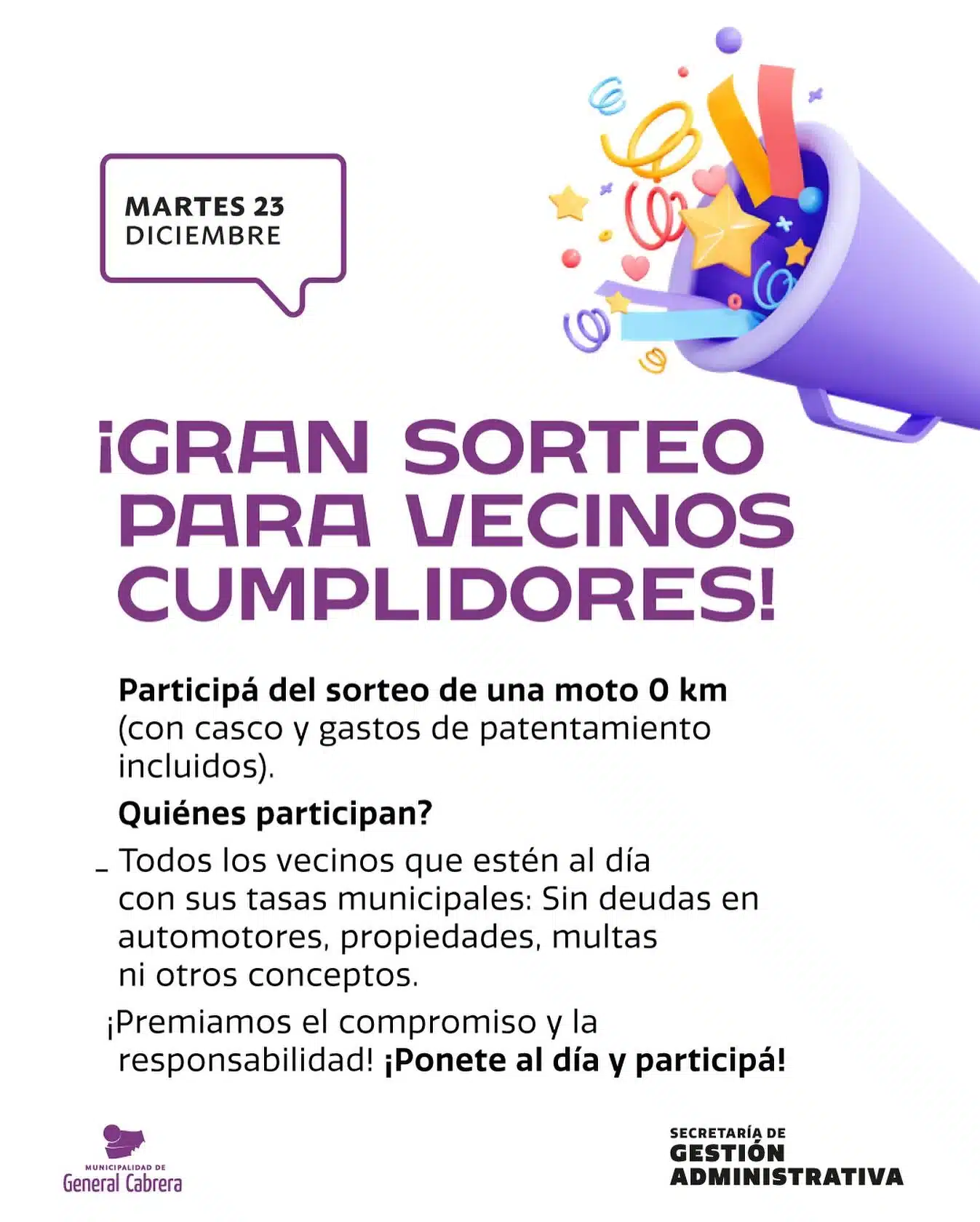 ¡Premio al compromiso! Sortean una moto 0 KM entre los vecinos cumplidores de General Cabrera