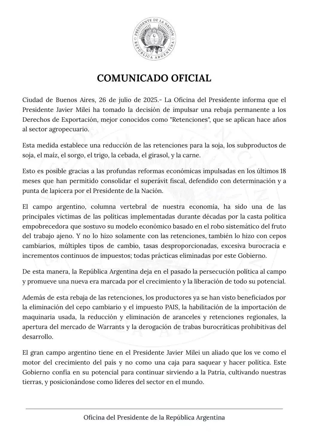 Histórica rebaja de retenciones al campo: el Gobierno elimina cargas para el agro