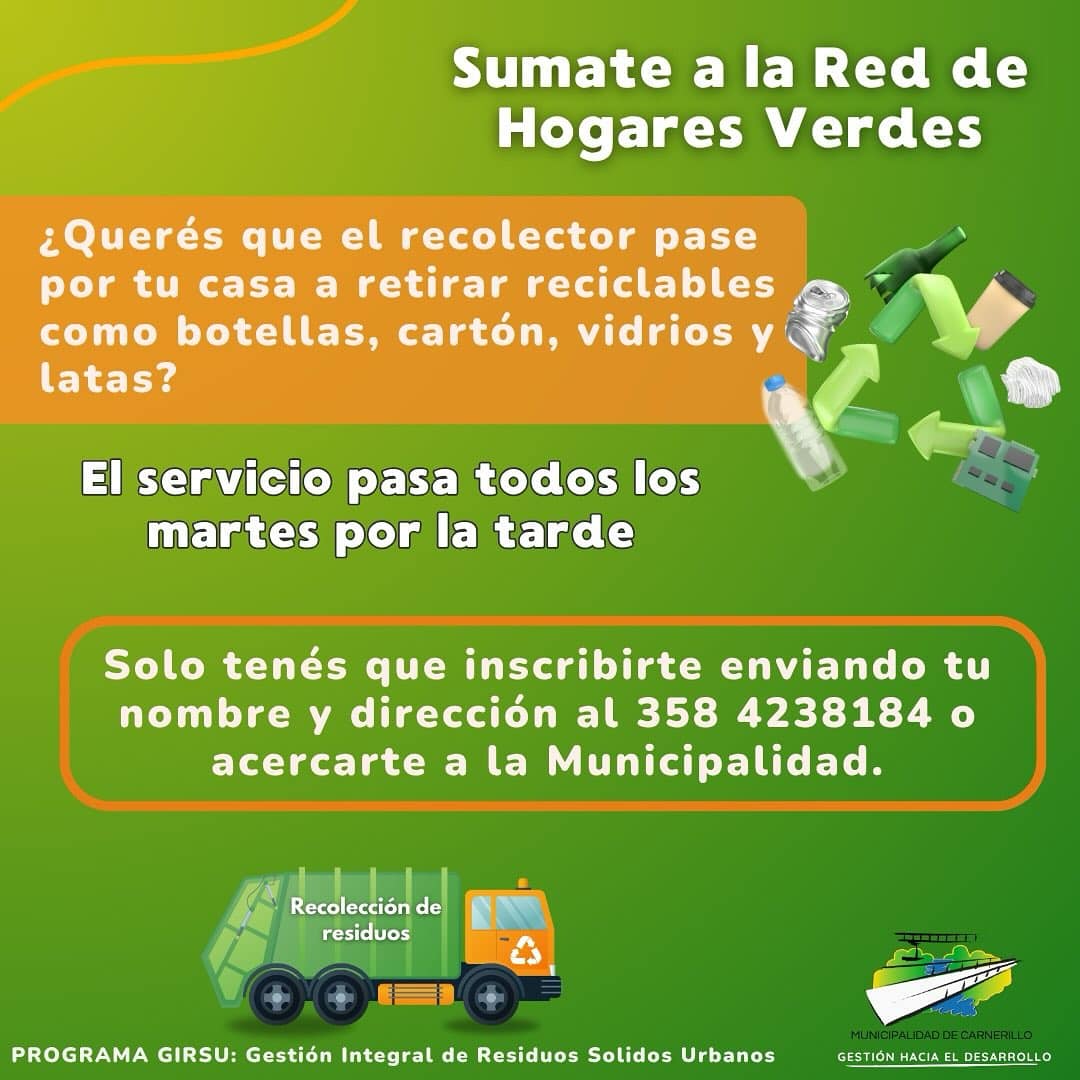 Carnerillo refuerza la Red de Hogares Verdes: cómo anotarte para el retiro de reciclables