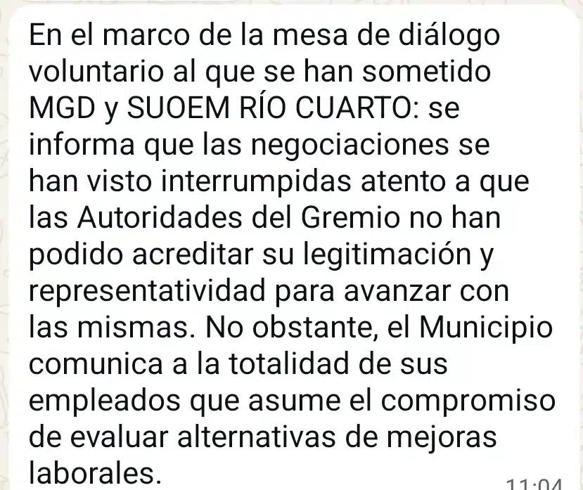 General Deheza: se interrumpieron las negociaciones con SUOEM Río Cuarto